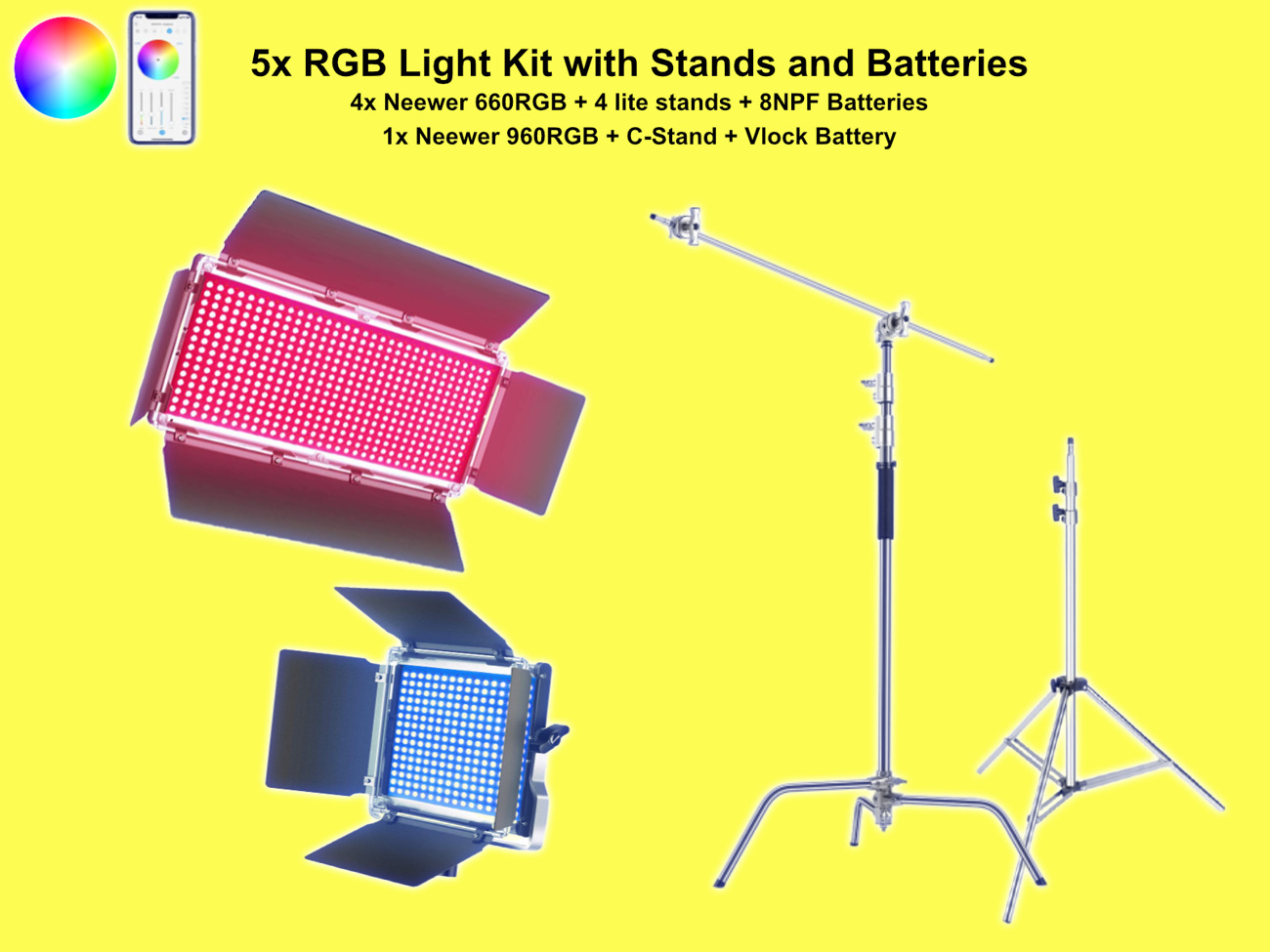 5x rgb led panels with stands and batteries neewer