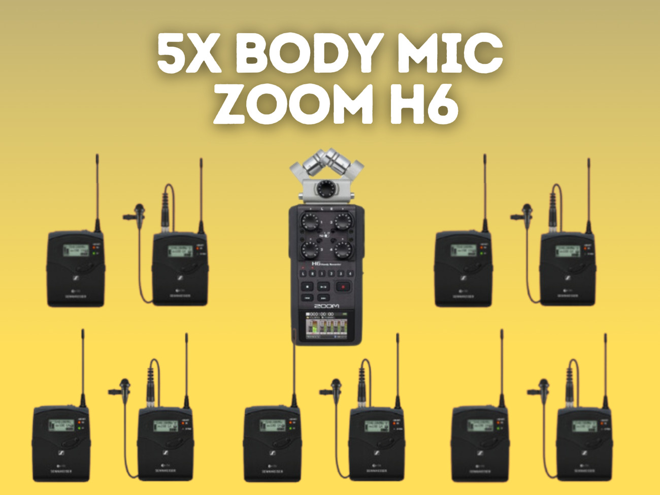 5x sennheiser g3 body, lapel clip microphone kit + zoom h6