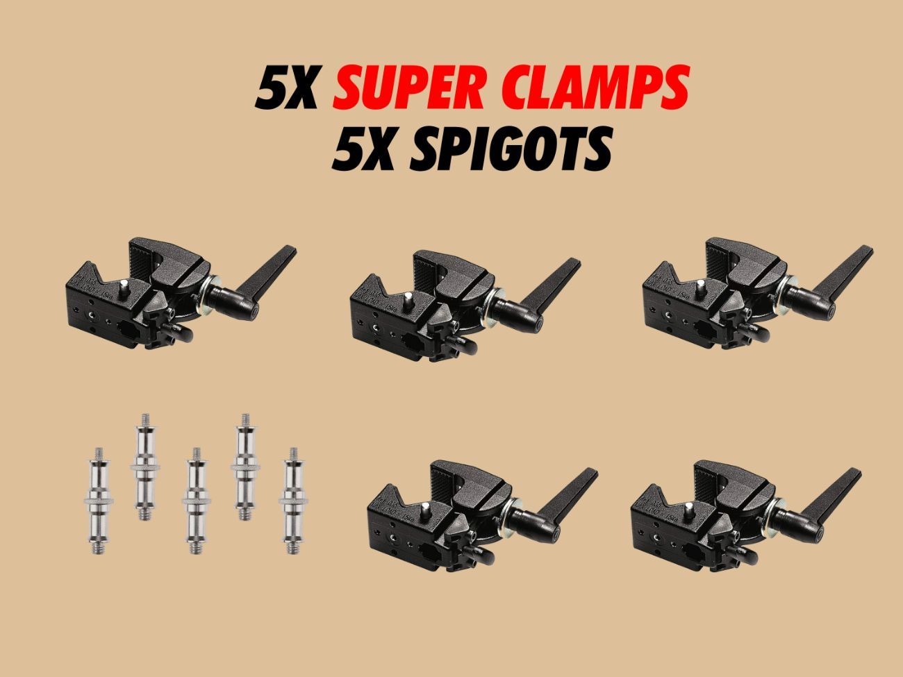 5x super clamps + 5x spigots 1/4 to 3/8 