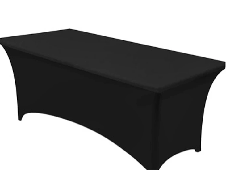 6ft trestle tables with stretch black covers.