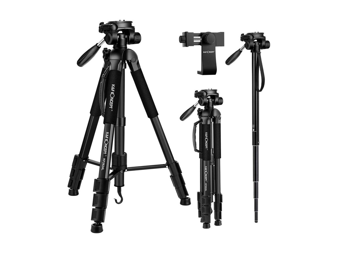70" / 177cm tripod with 3-way swivel/pan/tilt.