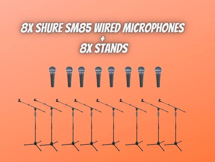 8x shure sm58 wired microphones + 8x stands