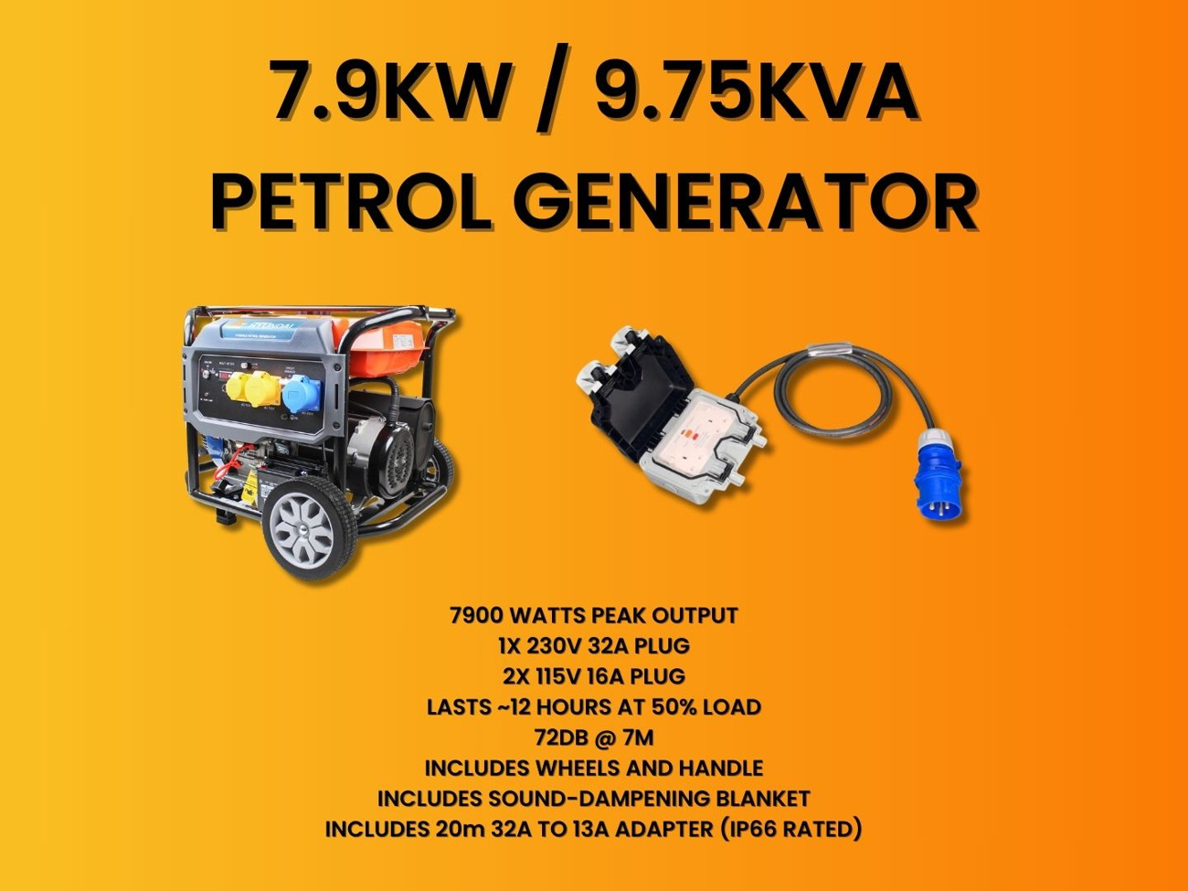 9.75kva hyundai petrol generator + 20m ip66 extension lead