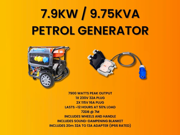 9.75kva hyundai petrol generator + 20m ip66 extension lead