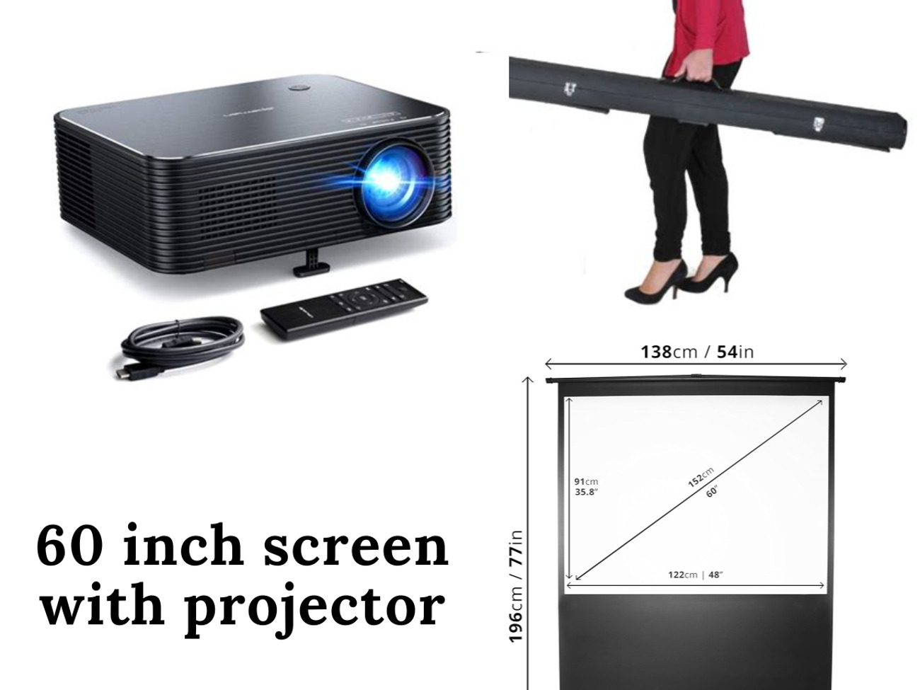 1080p projector 6000 lumens  + 60 inch screen