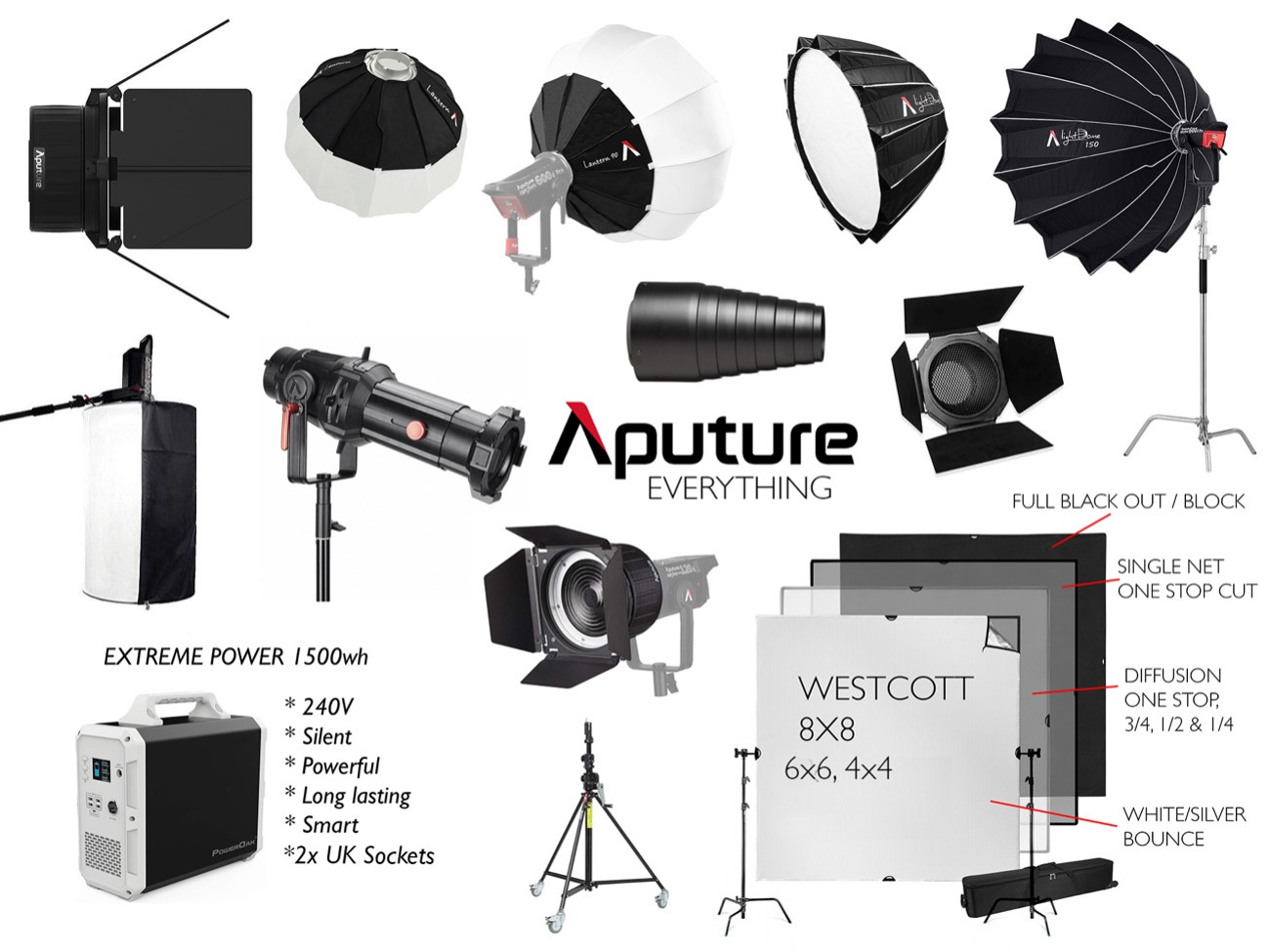 Aputure / f10 / barn doors / dome / lantern / spotlight 
