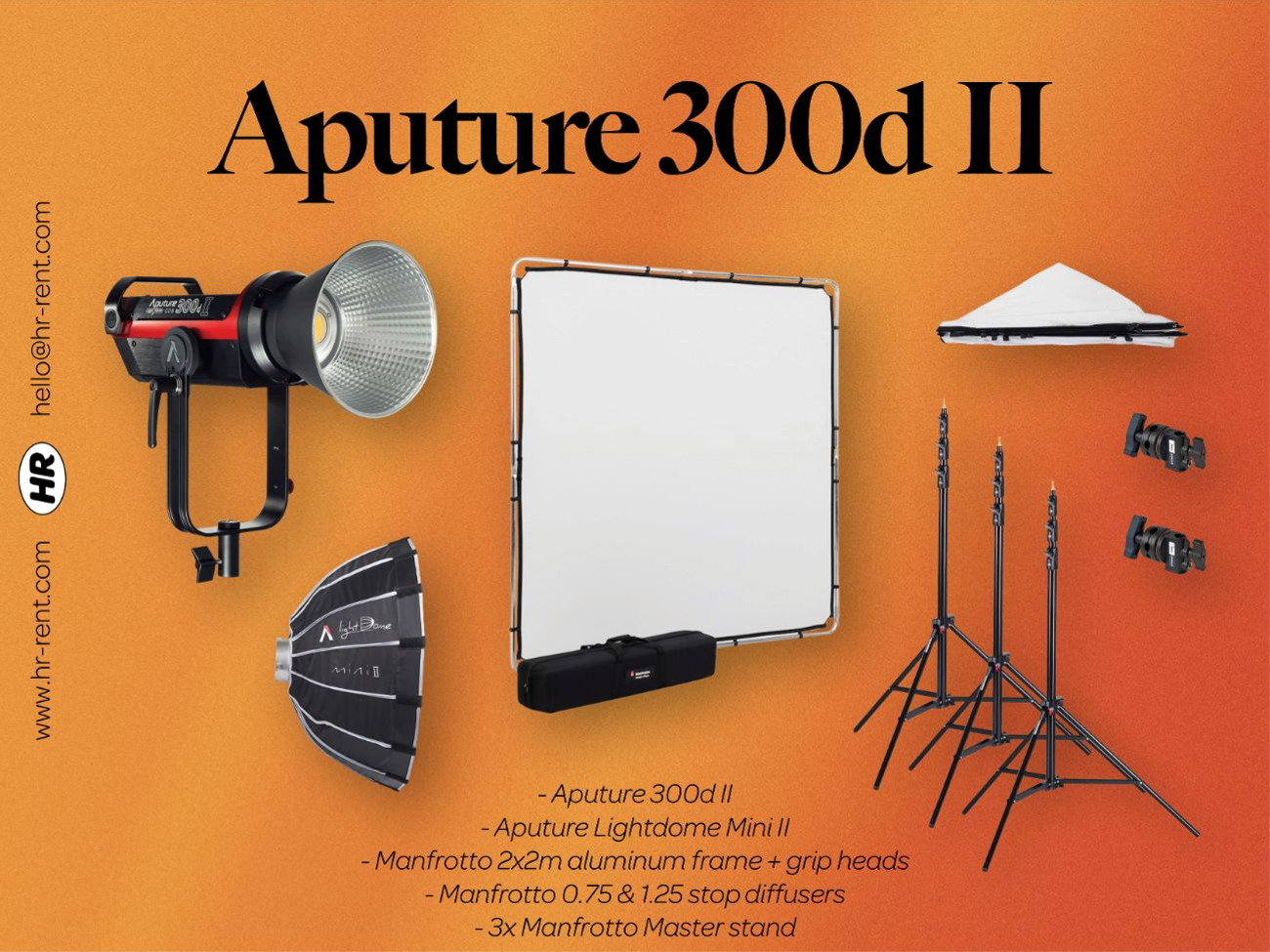 Aputure 300d ii + softbox + scrim jim / silk / butterfly frame + stands (led light)