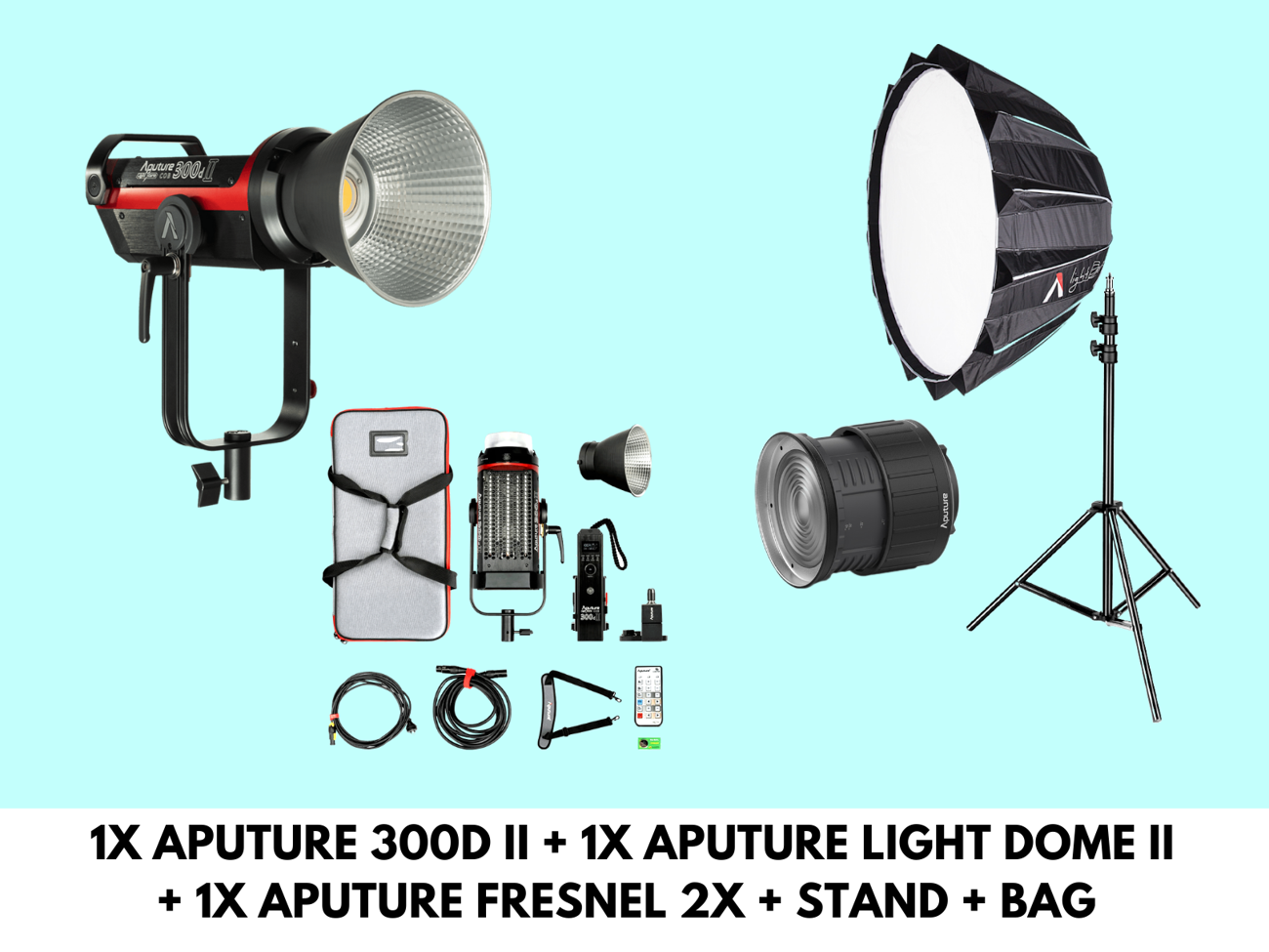 Rent Aputure 300d ii MK2 LED Video Light+Light Dome II+Fresnel 2X