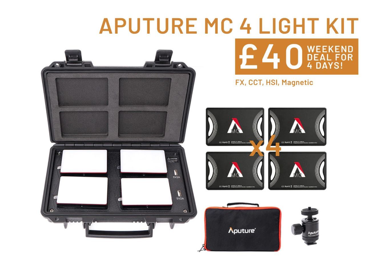 Aputure mc 4 light travel kit rgb, hsi, fx, cct led