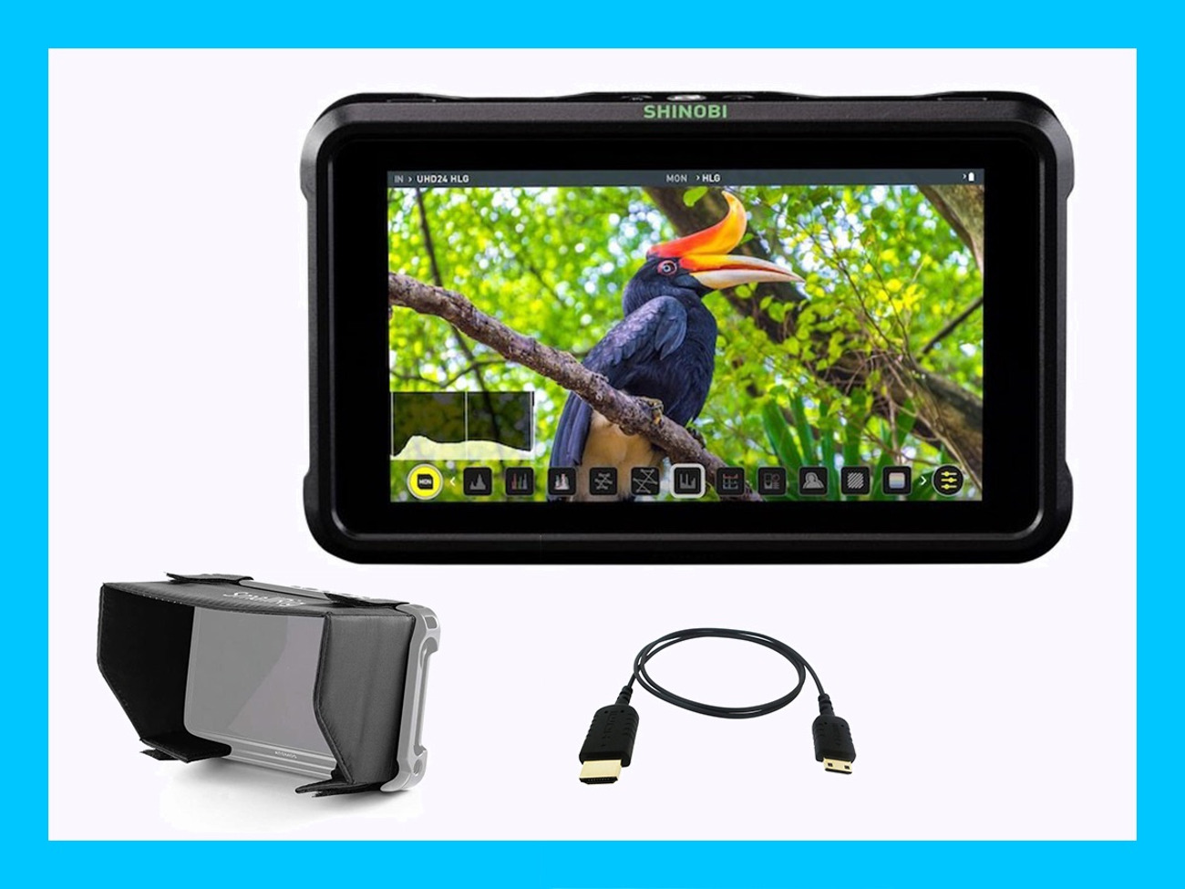 Atomos shinobi 5 inch 4k monitor with sunshade & hdmi cable