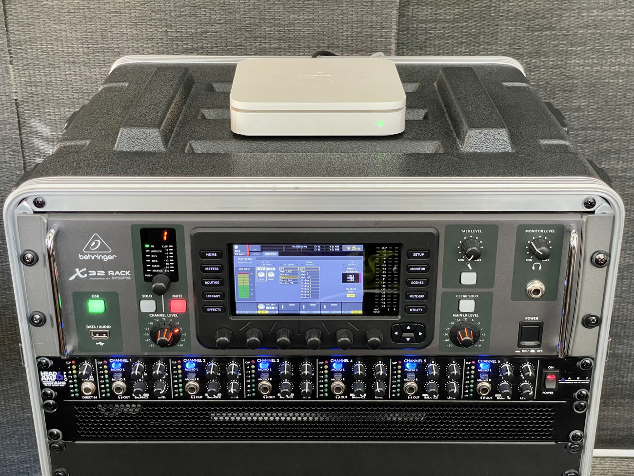 Behringer x32 rack mixing console plus headphone amplifier - on wheels!