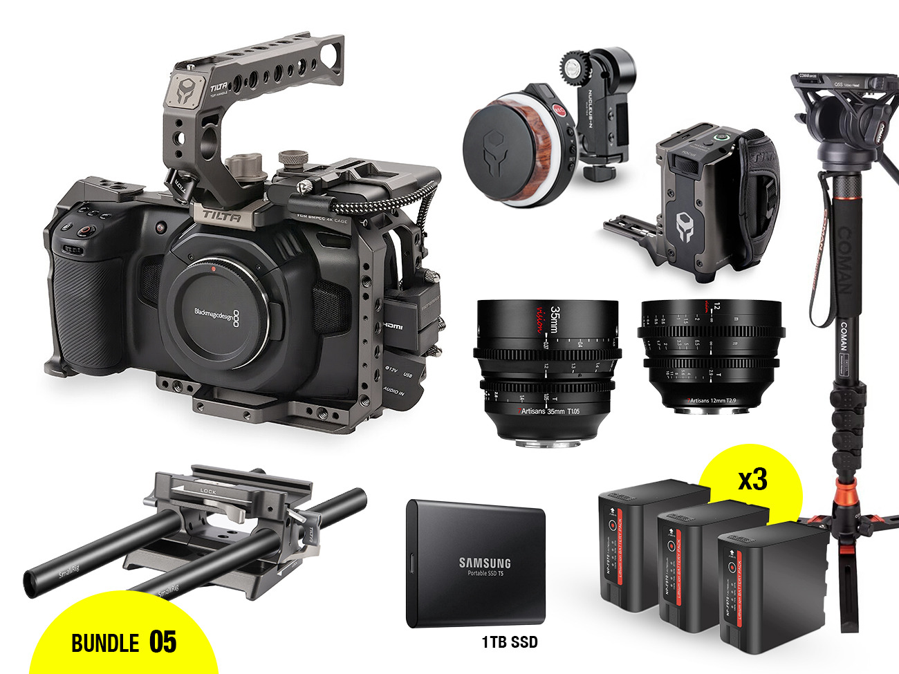 Blackmagic 4k (bmpcc4k) + lens + tilta focus + monopod