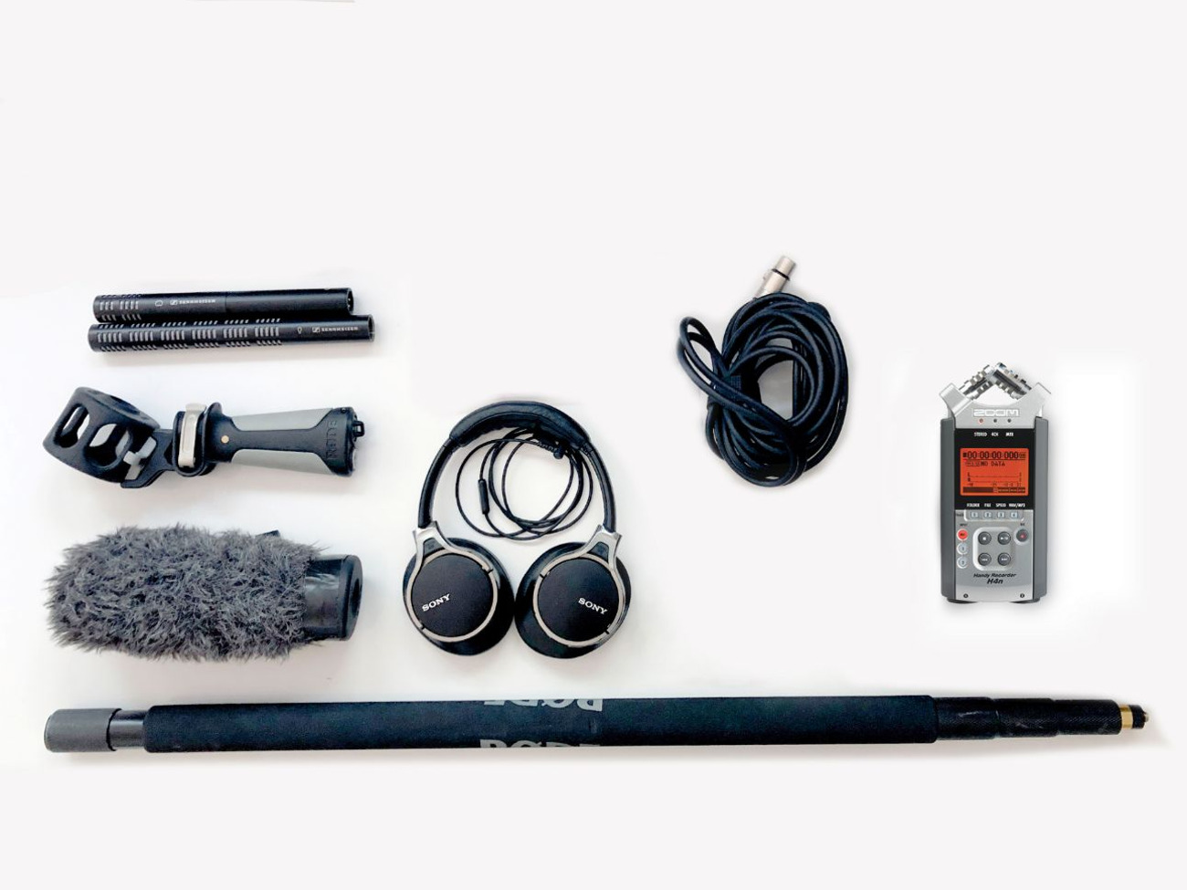 Boom microphone kit with zoom recorder and pole