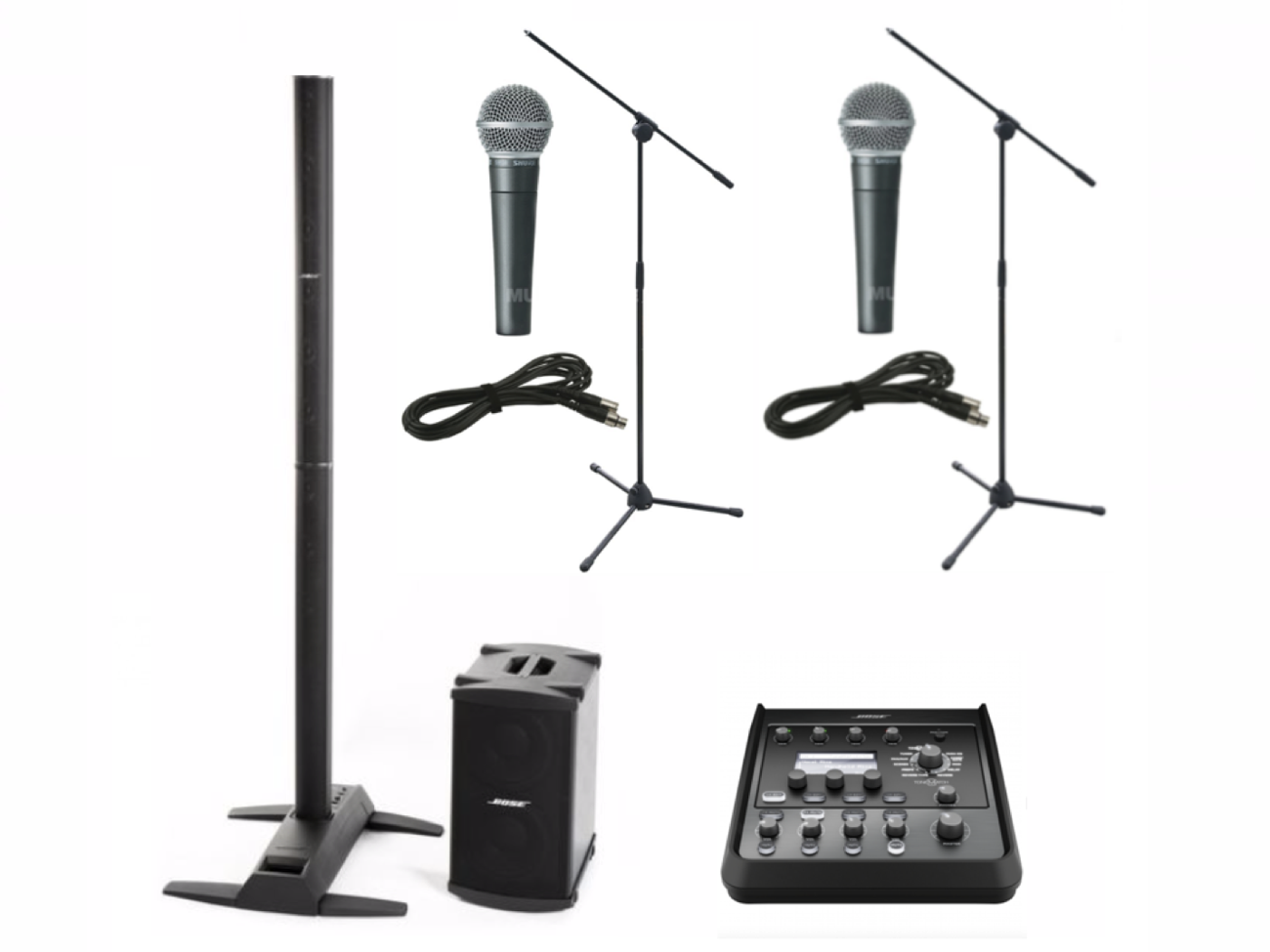 Bose l1s with b2 bass and tonematch t4s, shure sm58 x 2 with mic stand