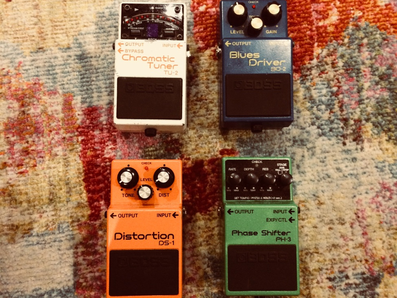 Boss guitar pedals: blues driver, tuner, distortion, phase