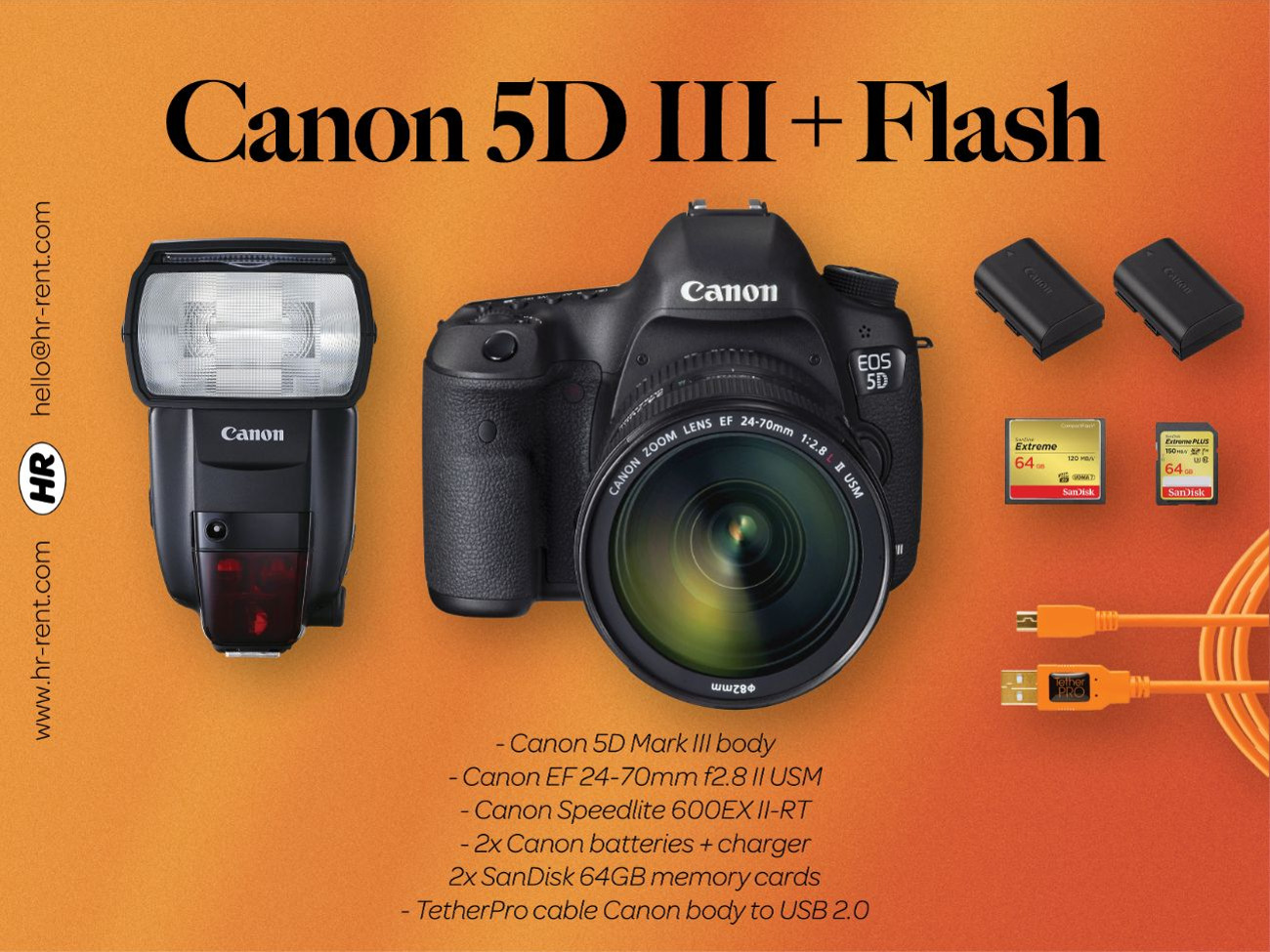 Canon 5d mark iii + ef 24-70mm f2.8 lens +  canon speedlight speedlite flash 