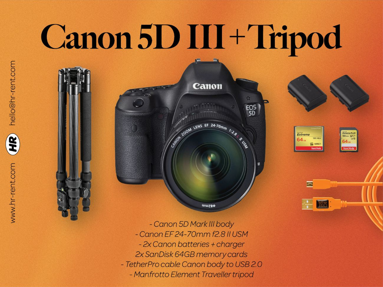 Canon 5d mark iii + 24-70mm f2.8 lens + manfrotto tripod