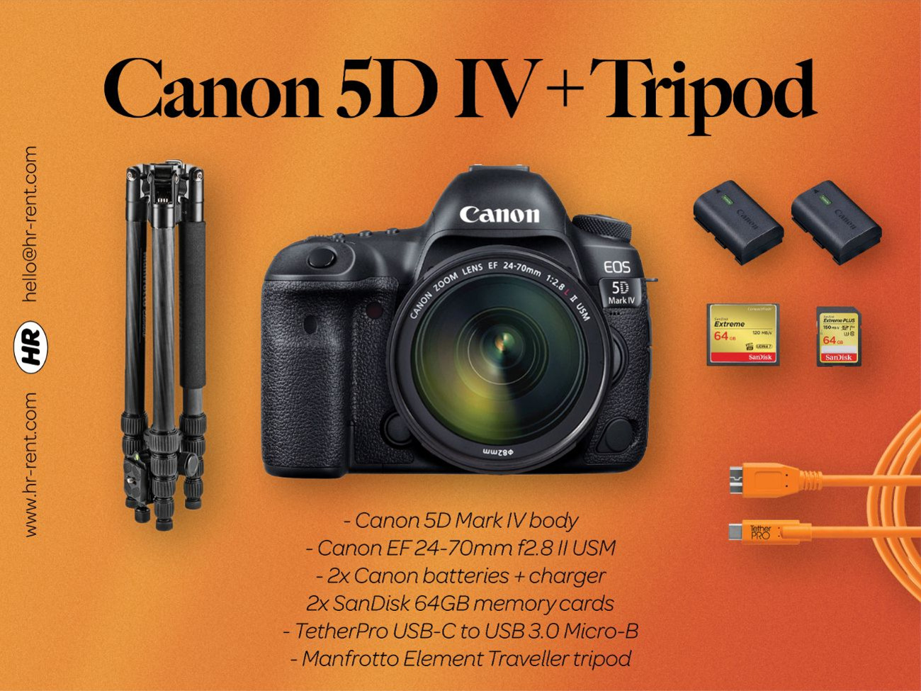 Canon 5d mark iv + 24-70mm f2.8 lens + manfrotto tripod (canon 5d iv)