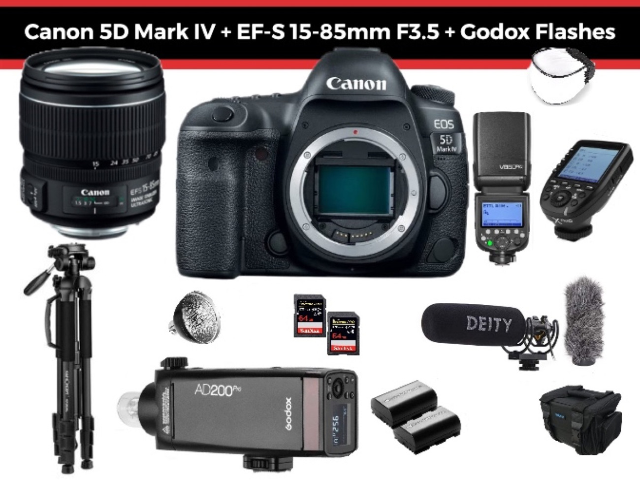 Canon 5d mark iv + ef-s 15-85mm f3.5 + godox flashes