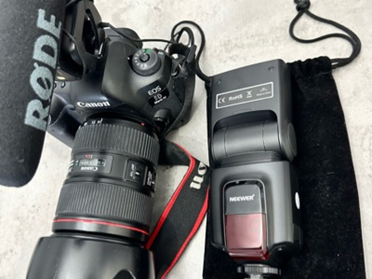 Canon 5d mark iv (with 24 -105mm lens, rode mic & flash)