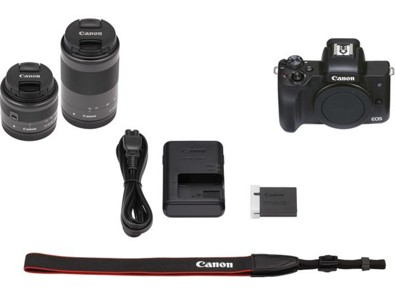 Canon eos m50 mirrorless camera with 2 lens, 3 batteries, ligthing and other