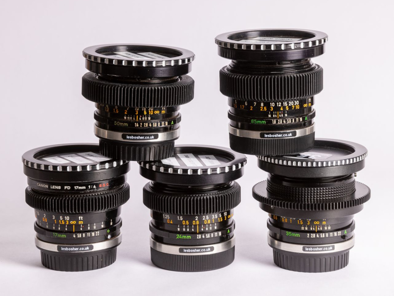 Canon fd ssc vintage cine lens kit. hard ef, 17, 24, 35, 50, 85.