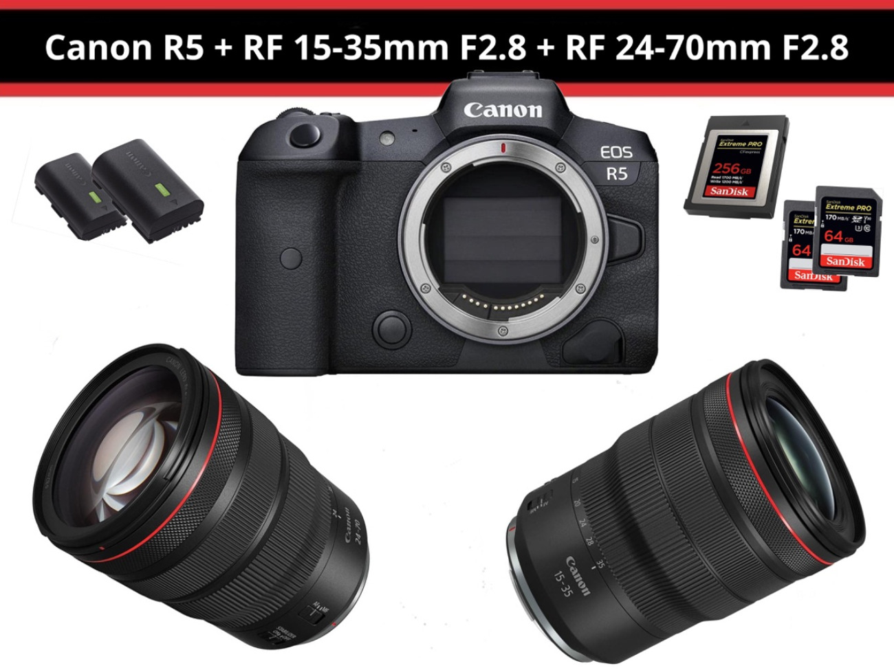 Canon r5 + rf 15-35mm f2.8 + rf 24-70mm f2.8