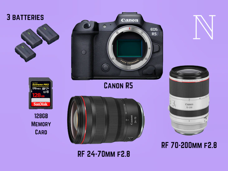 Canon r5 + rf 24-70mm f2.8 + rf 70-200mm f2.8 + 128gb