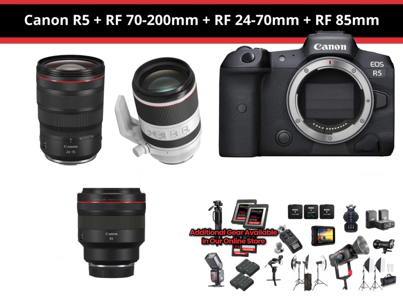 Canon r5 + rf 70-200mm + rf 24-70mm + rf 85mm
