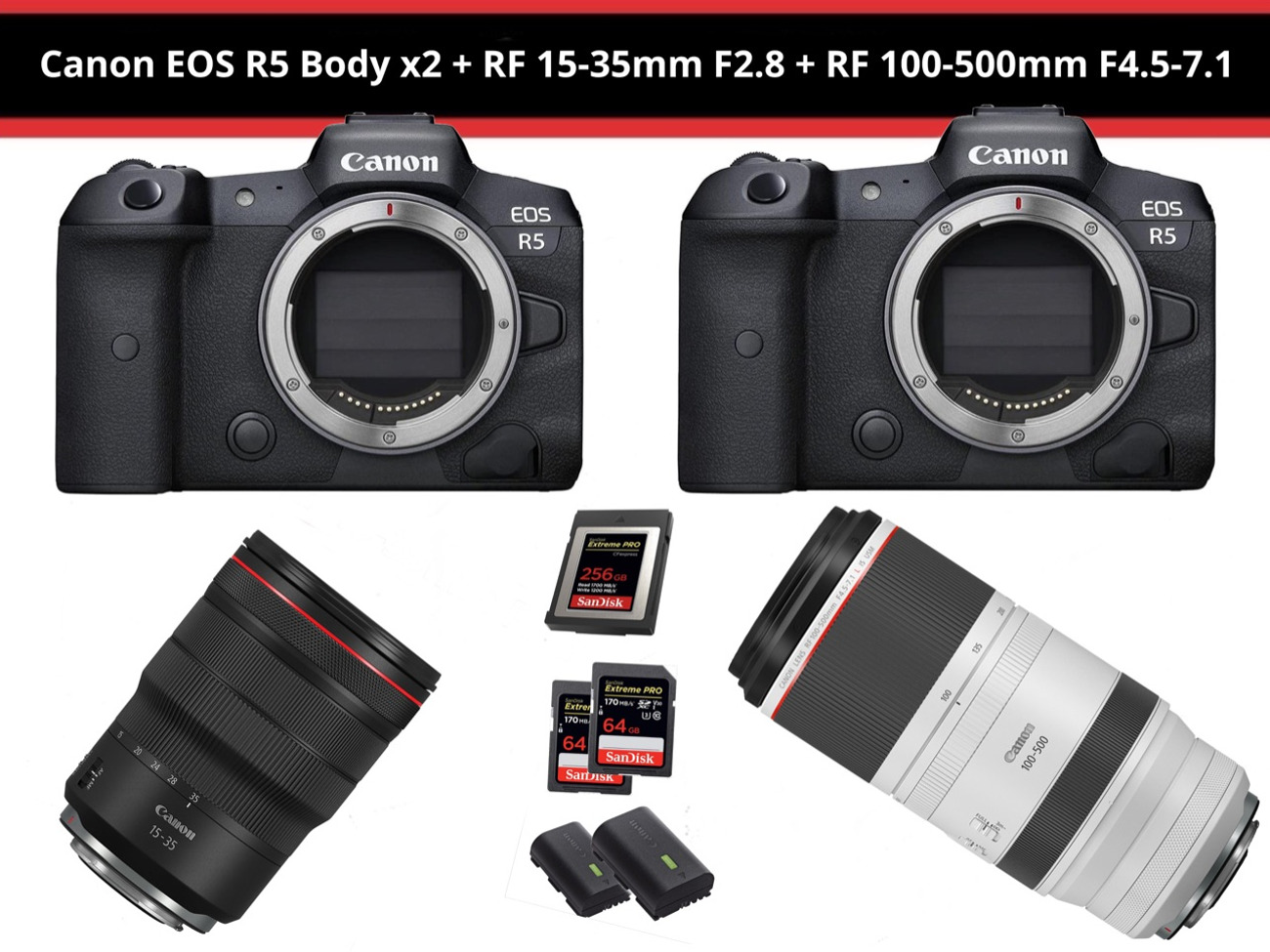 Canon r5 x2 + rf 15-35mm f2.8 + rf 100-500mm f4.5-7.1