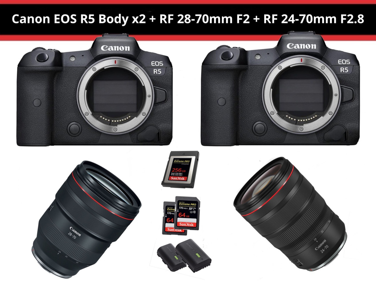 Canon r5 x2 + rf 28-70mm f2 + rf 24-70mm f2.8