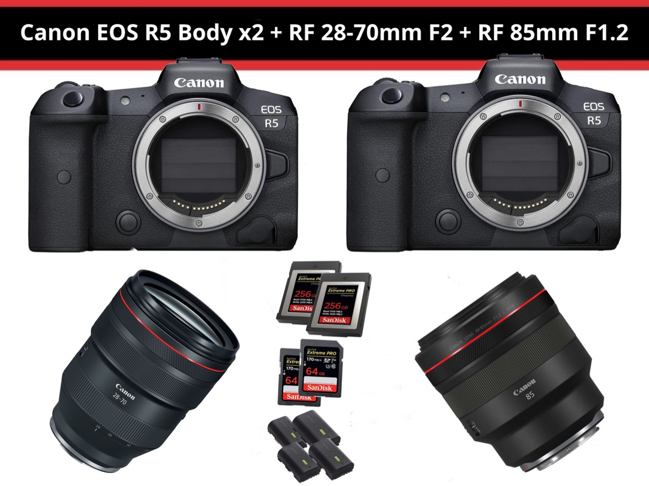 Canon r5 x2 + rf 28-70mm f2 + rf 85mm f1.2