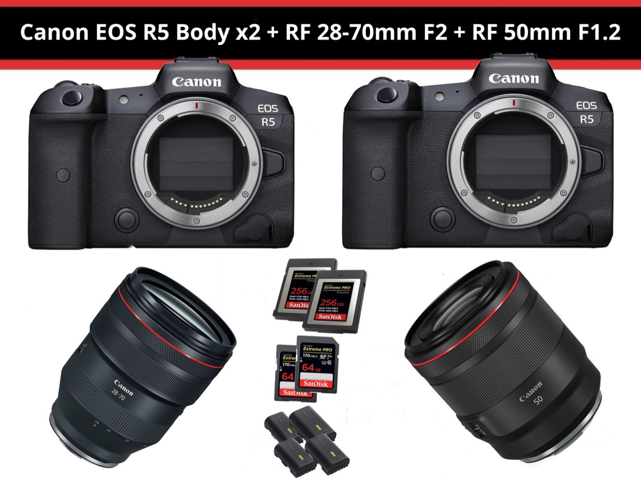 Canon r5 x2 + rf 50mm f1.2 + rf 28-70mm f2