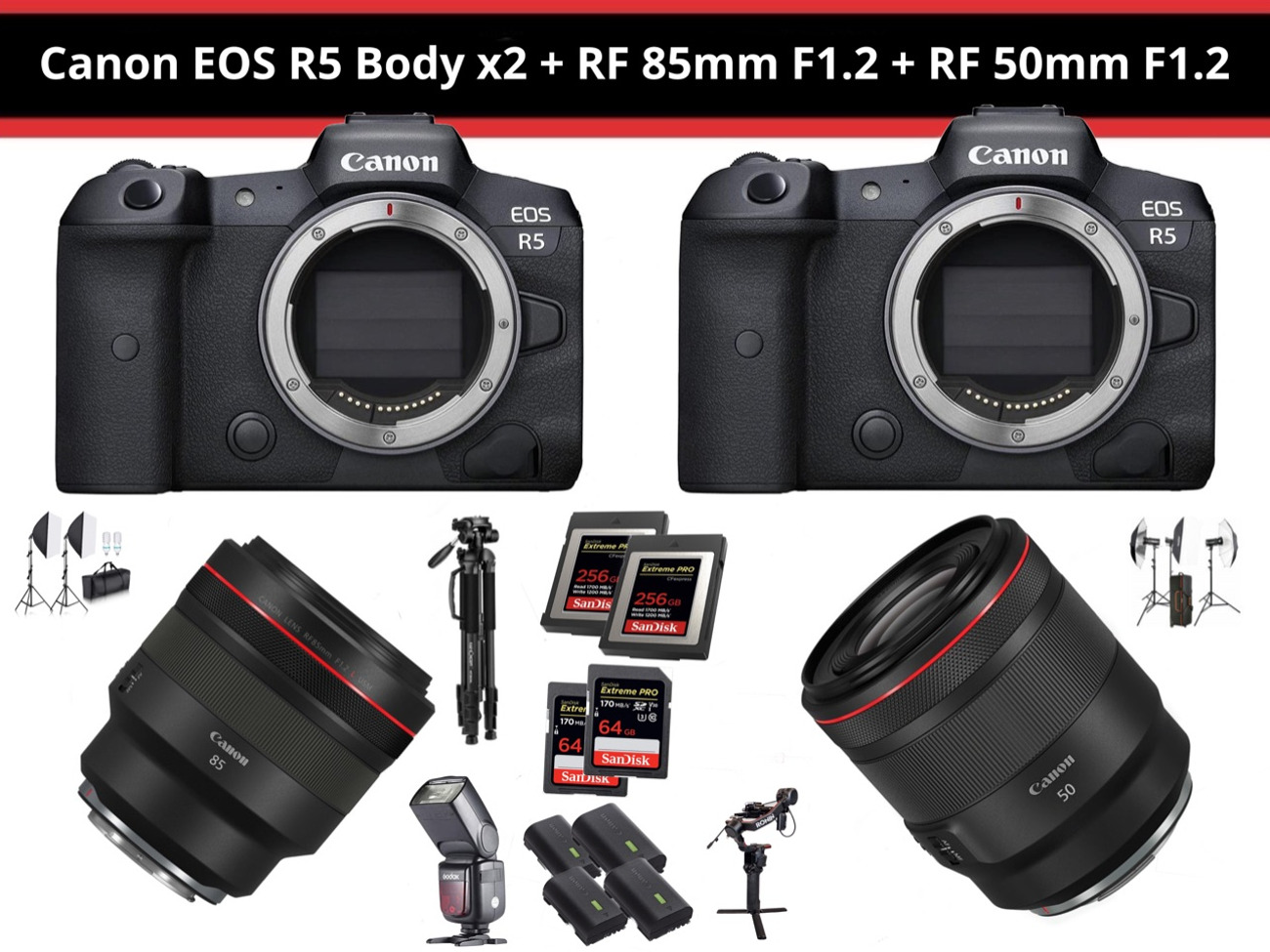 Canon r5 x2 + rf 50mm f1.2 + rf 85mm f1.2