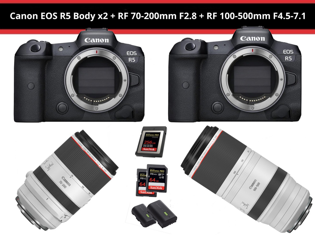 Canon r5 x2 + rf 70-200mm f2.8 + rf 100-500 f4.5-7.1mm