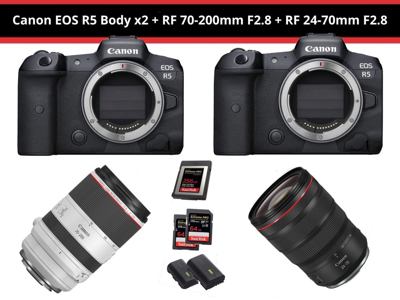 Canon r5 x2 + rf 70-200mm f2.8 + rf 24-70mm f2.8