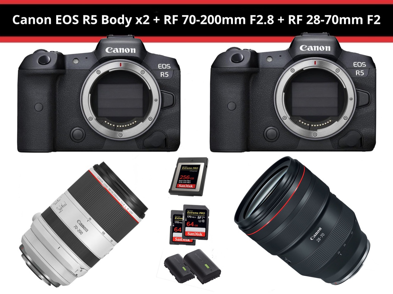 Canon r5 x2 + rf 70-200mm f2.8 + rf 28-70mm f2
