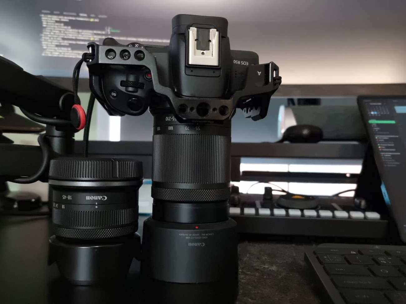 Canon r50 with kit and zoom lens + rode video mic go ii