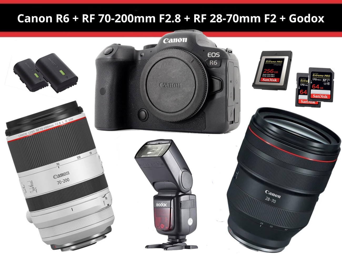 Canon r6 + 28-70mm f2 + 70-200mm f2.8 + godox 