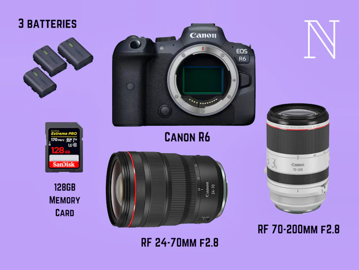 Canon r6 + rf 24-70mm f2.8 + rf 70-200mm f2.8 + 128gb