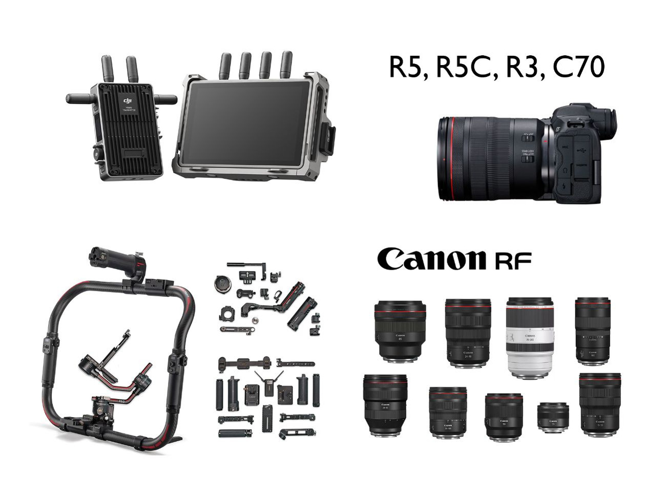 Canon rf cameras, lenses dji transmission, monitors