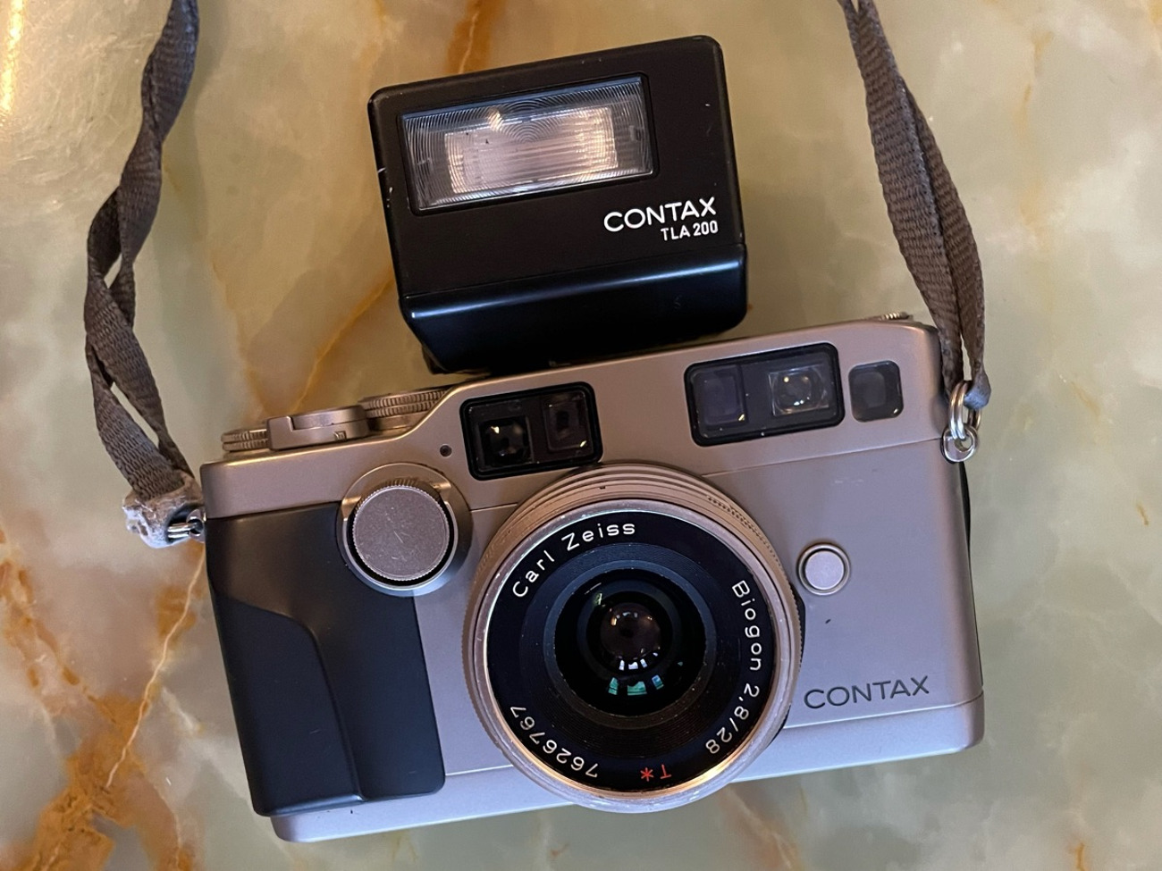 Contax g2 with flash + 28mm lens with spare batteries
