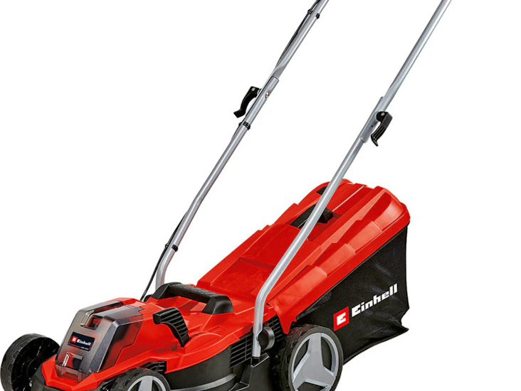 Cordless lawnmower and cordless grass trimmer with 2 batteries
