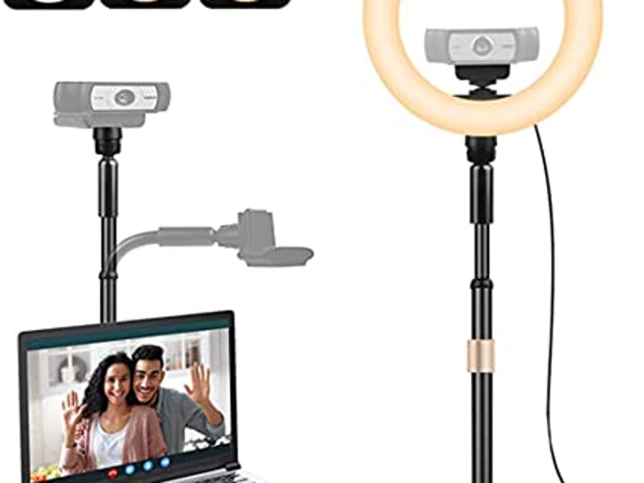 Desk ring light with webcam and phone holders