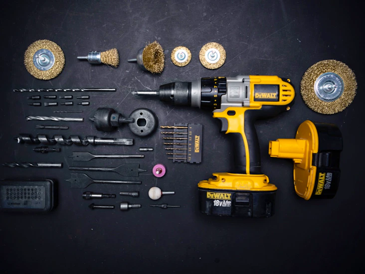 Dewalt tools: drill, jigsaw, grinder, chop saw