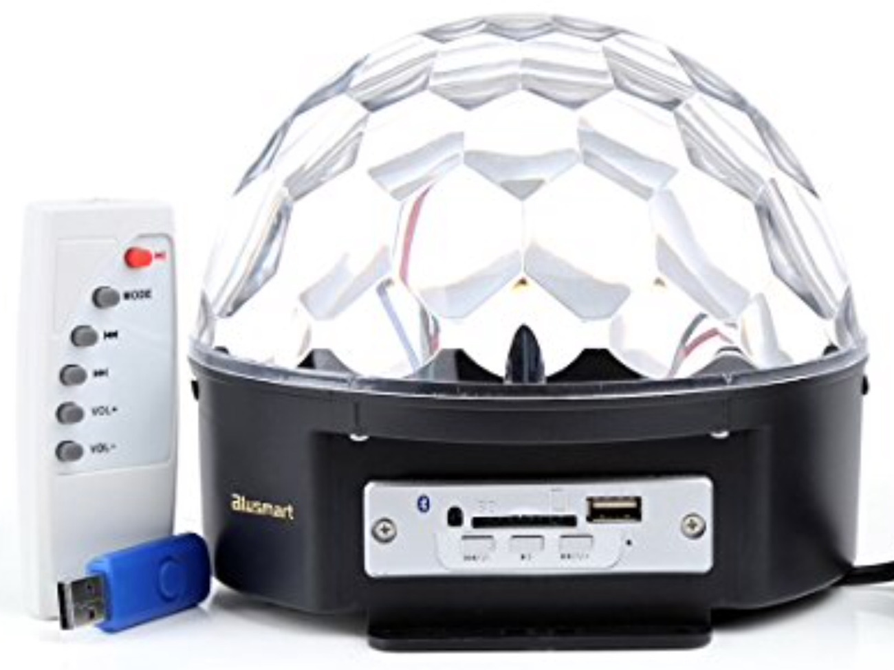 Disco light with built in speaker, bluetooth,sd and usb port.