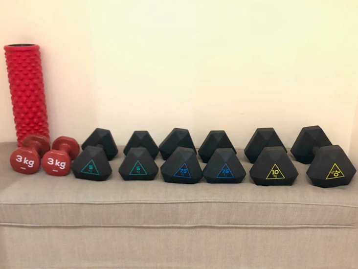Dumbells - gym weights - massage roller - 3, 5, 7.5, 10kg - disinfected (dettol)