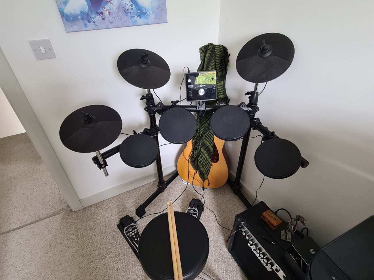 Electronic drum kit with stool and sticks