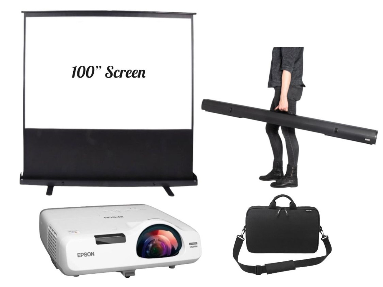 Projector short throw epson hdmi vga 2800 lum + 100" projector screen event