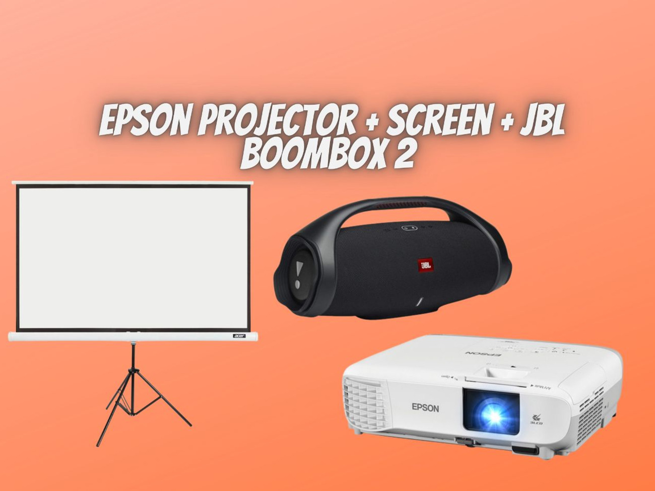 Epson projector + projector screen + jbl boombox 2